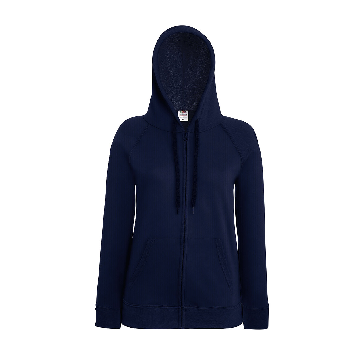 Felpa da donna blu scura in cotone con cappuccio, zip e tascone