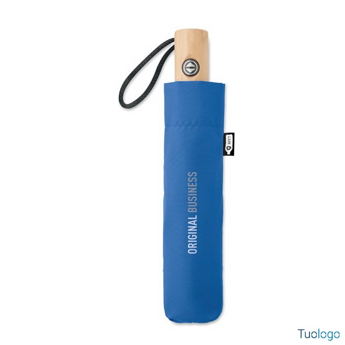 Ombrello chiuso con fodera con logo, manico in bamboo e telaio azzurro