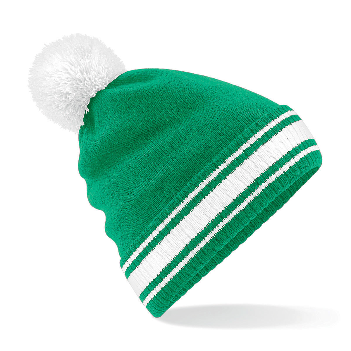 Berretto a maglia con rivolto e pon pon a contrasto kelly green bianco