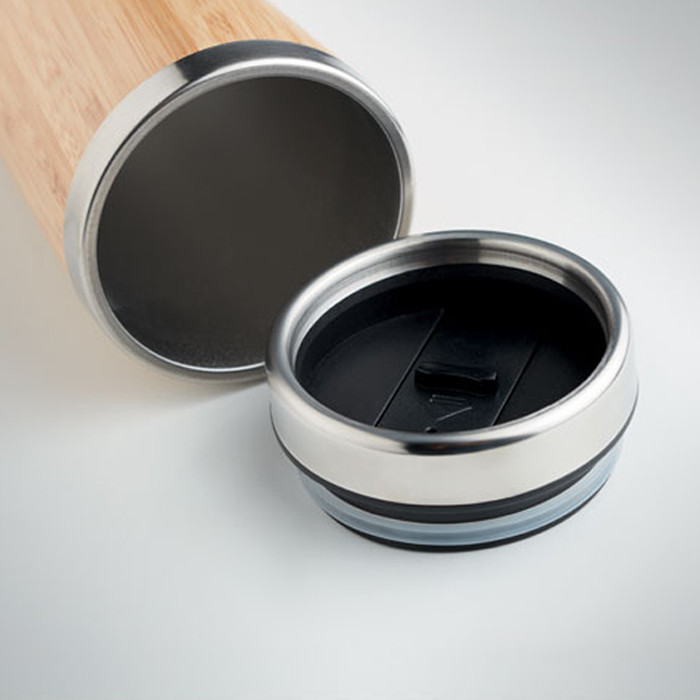 Bottiglia termica in acciaio inox con doppia parete con tappo in pp e finiture in bamboo