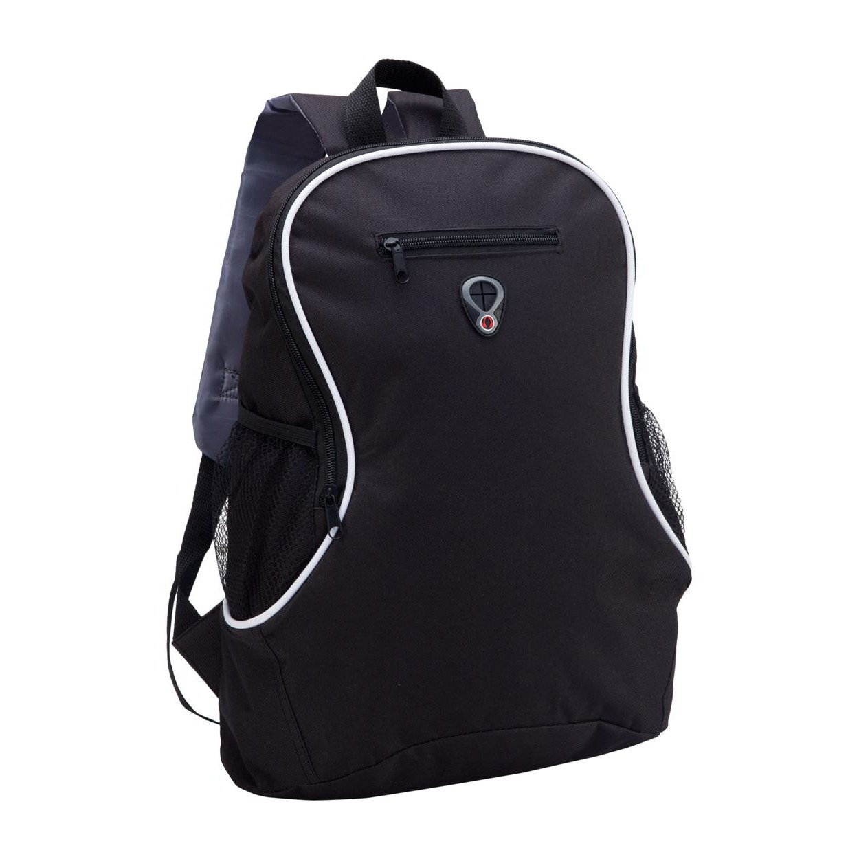 Zaino in poliestere nero con spallacci regolabili, tasche laterali e foro per auricolari