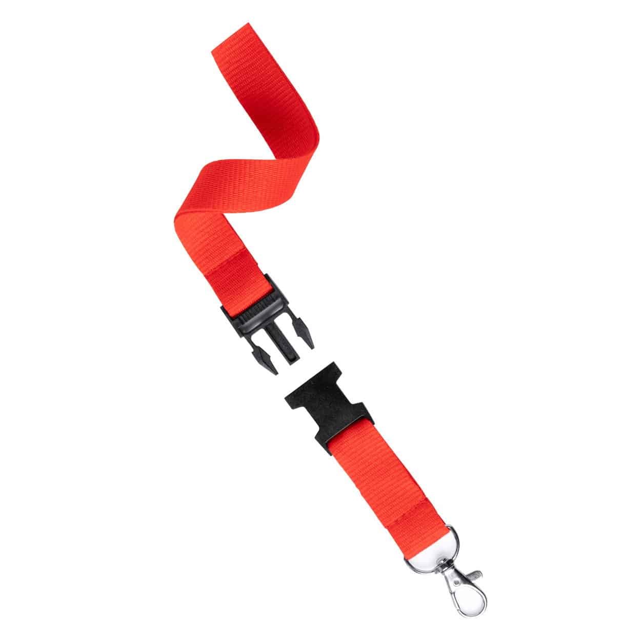 Laccetto portabadge in poliestere rosso con moschettone in metallo e sgancio di sicurezza
