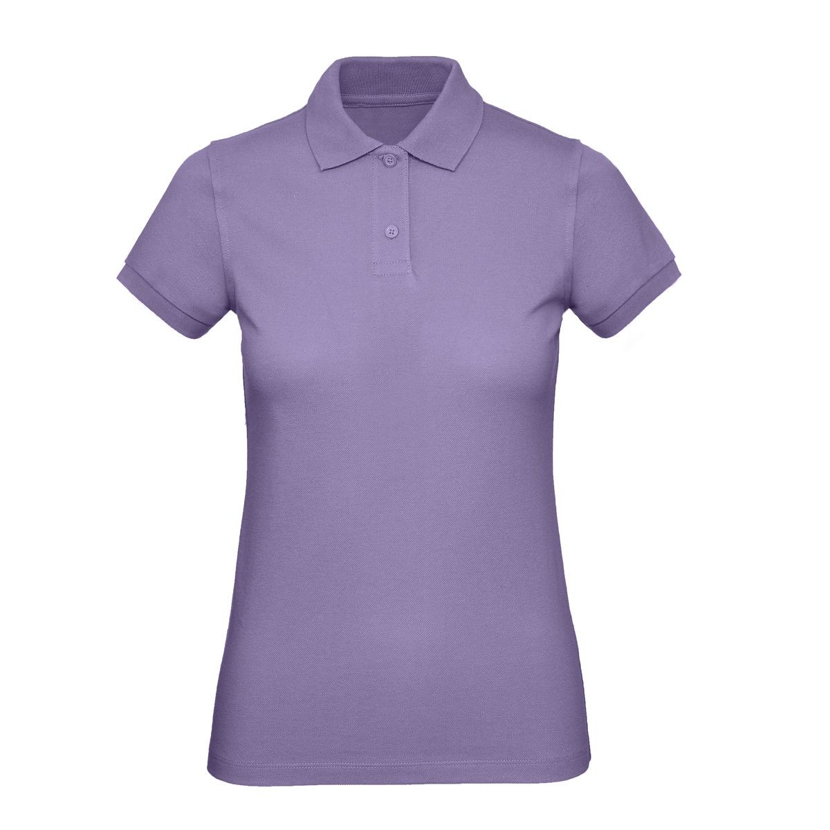 Polo donna viola manica corta con 2 bottoni su sfondo bianco