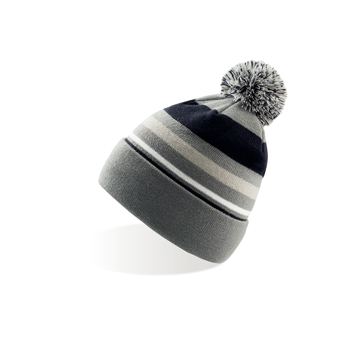 Berretto con pon pon fantasia a righe grigio e blu navy