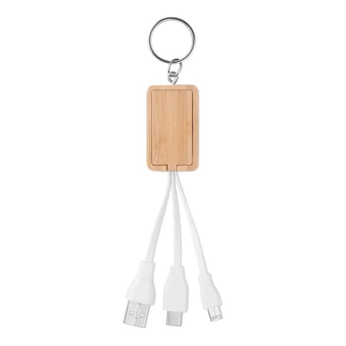 Cavo di ricarica usb con connettore micro usb e tipo c con portachiavi in bamboo