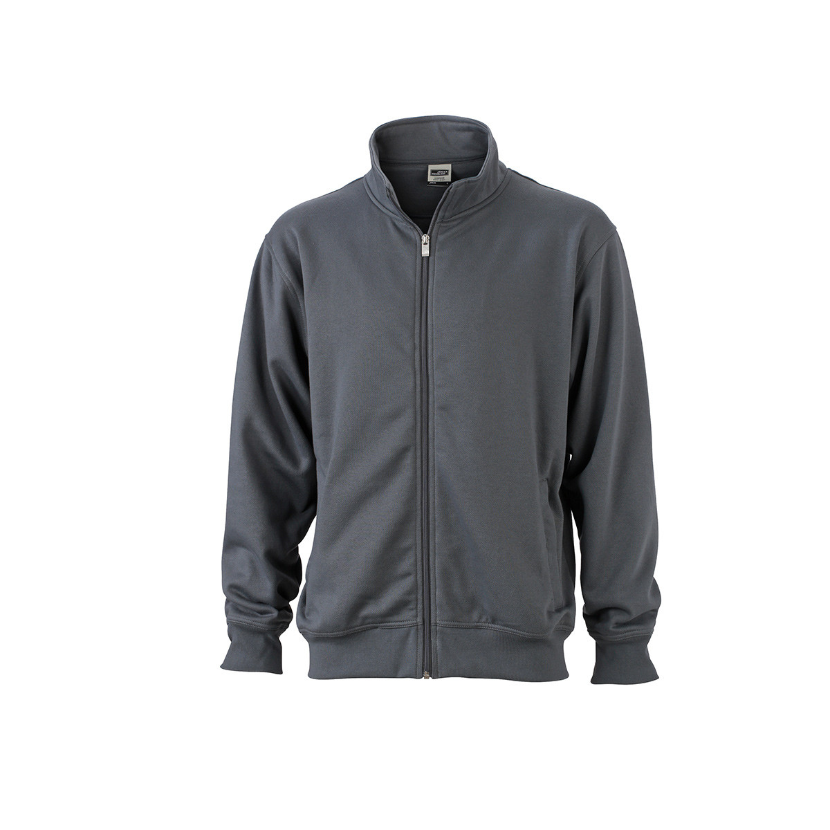 Felpa unisex grigio carbone collo alto con girovita e polsini in costina elastica su sfondo bianco