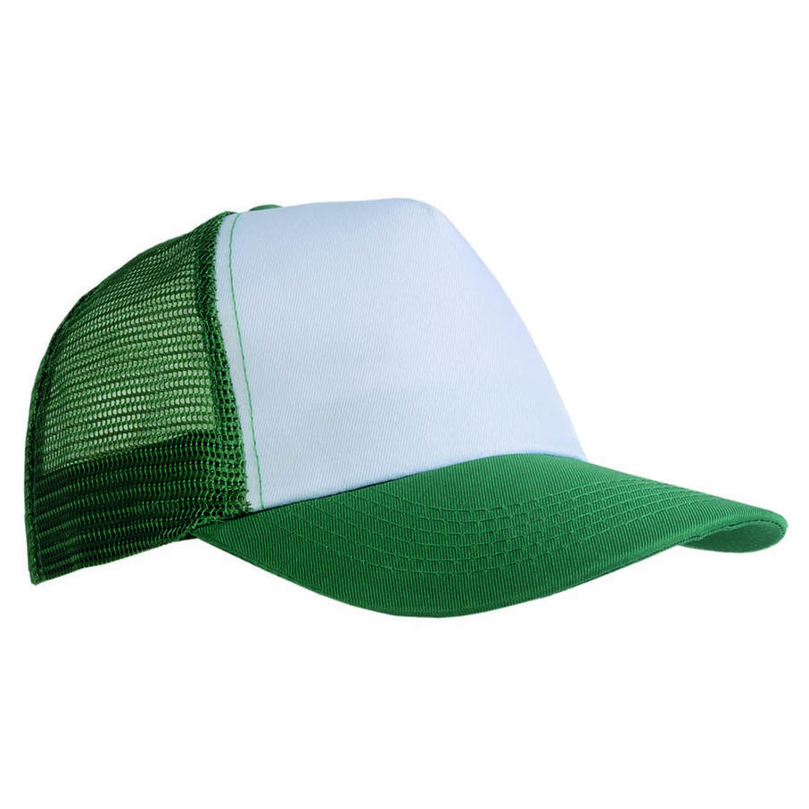 Cappellini in poliestere con pannello frontale bianco e con retro in rete e visiera verdi