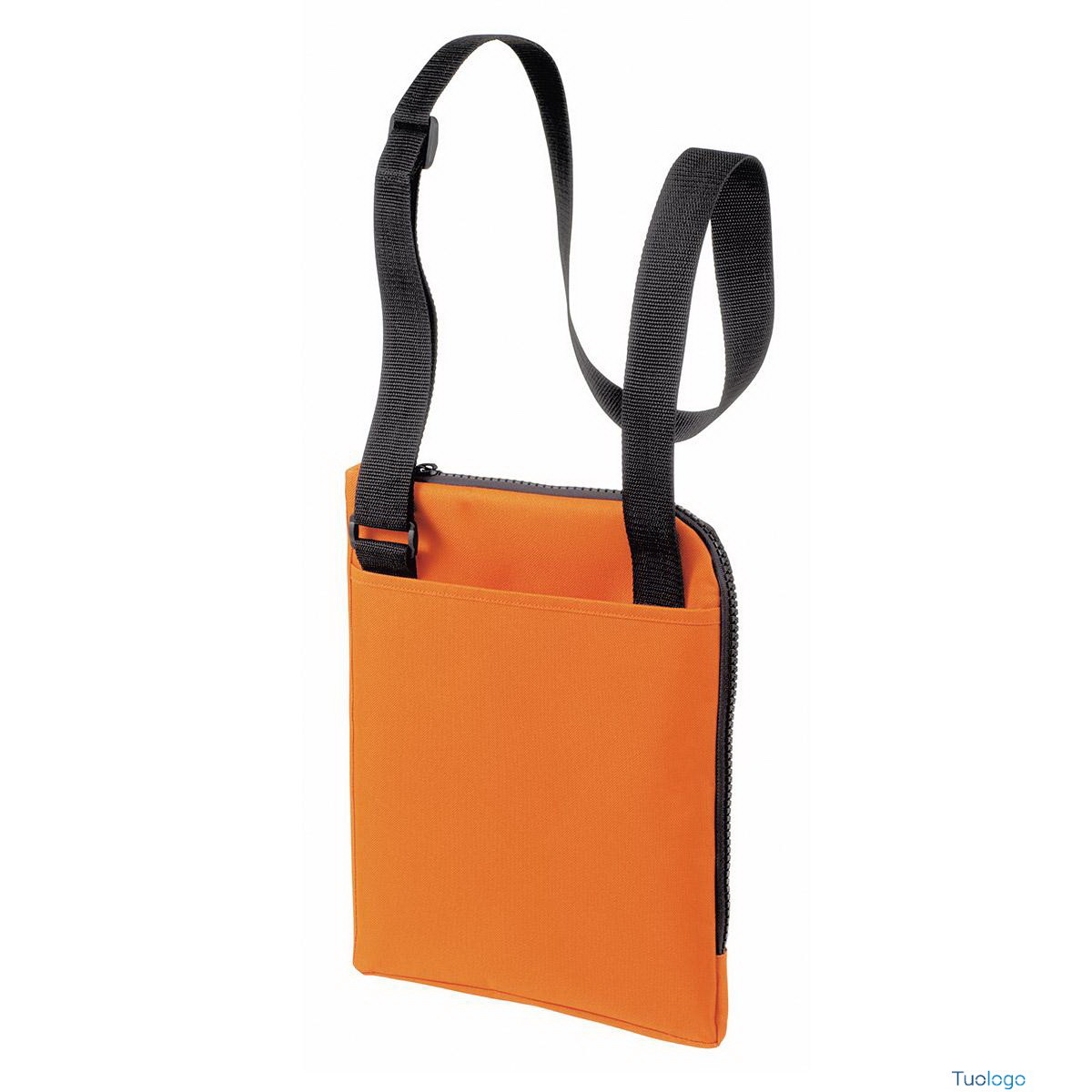 Retro di borsa con tasca portadocumenti e lunga tracolla arancio con grossa zip nera su 2 lati
