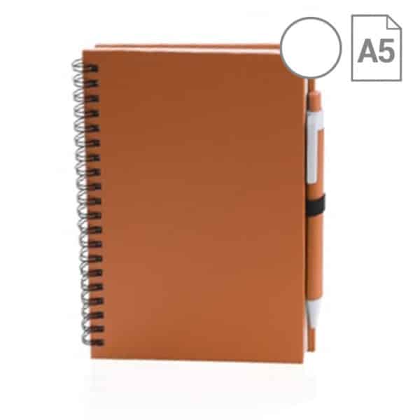 Blocnotes arancione con copertina in cartone, spirale e penna