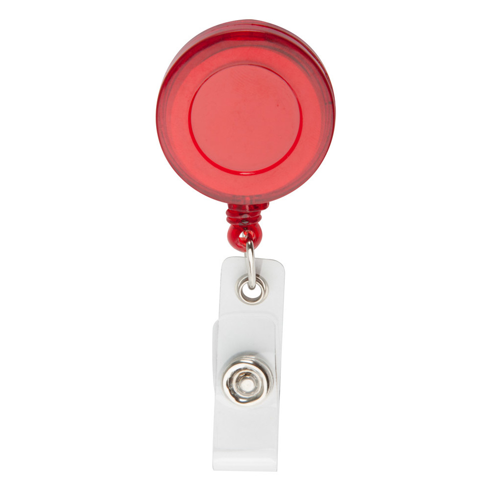 Portabadge in plastica rossa con chiusura a bottone con logo