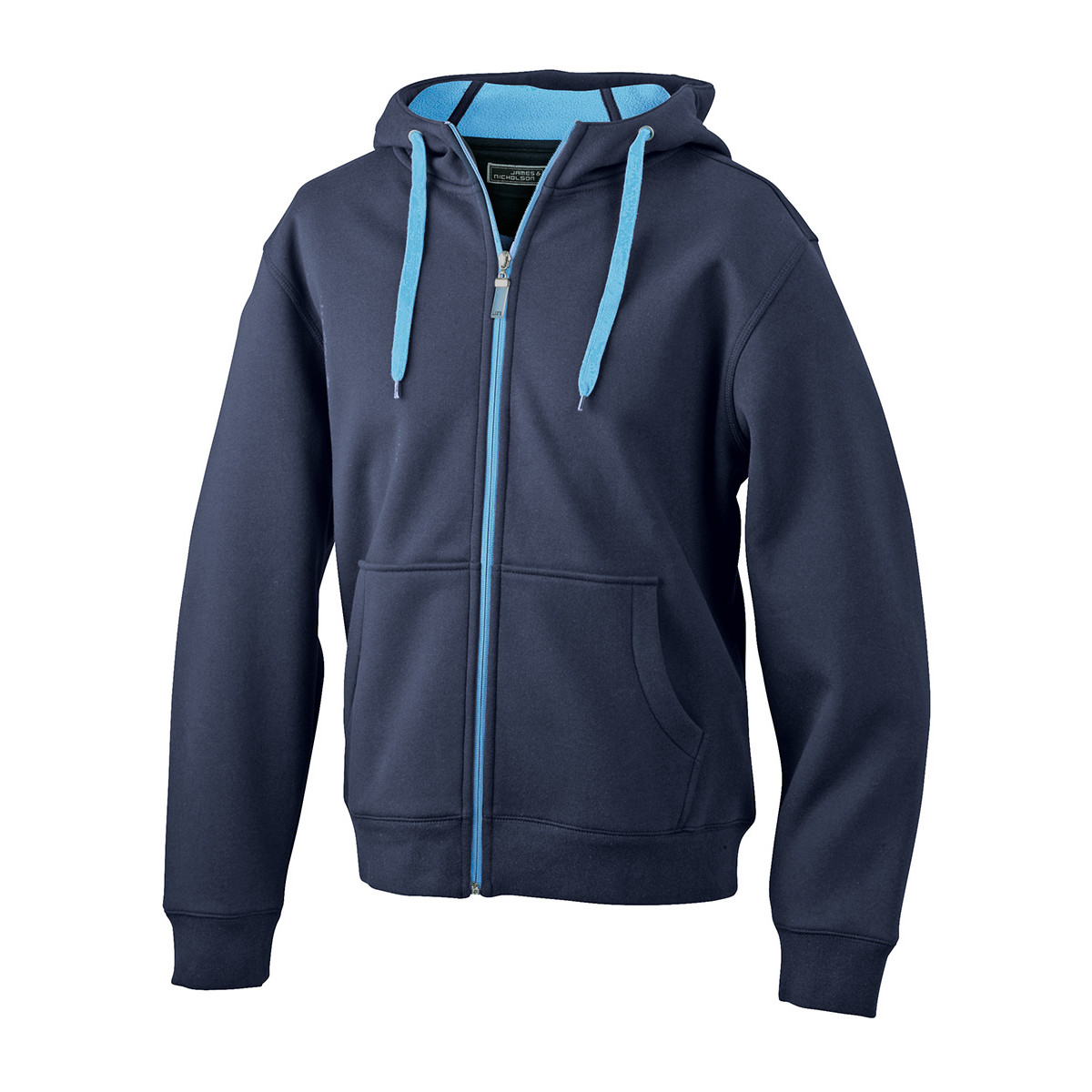 Felpa viola con interno azzurro con cappuccio, zip, cordino e tasche a marsupio