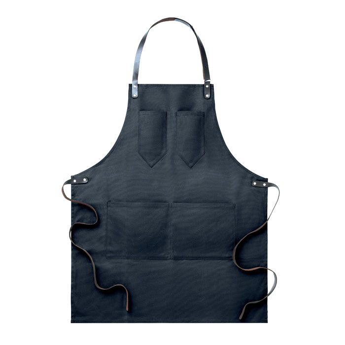 Grembiule blu regolabile con dettagli in pelle con due tasche piccole sul petto