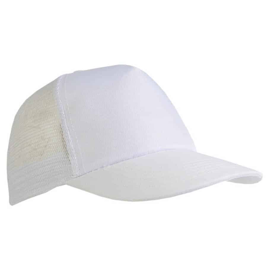 Cappellini in poliestere con pannello frontale bianco e con retro in rete e visiera bianchi