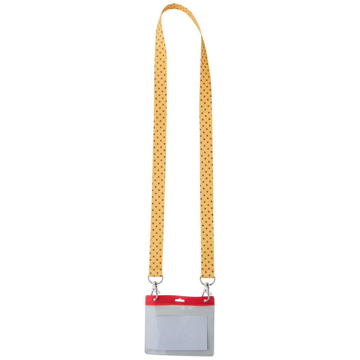 Laccetto portabadge in poliestere con doppio moschettone e bustina in plastica rossa