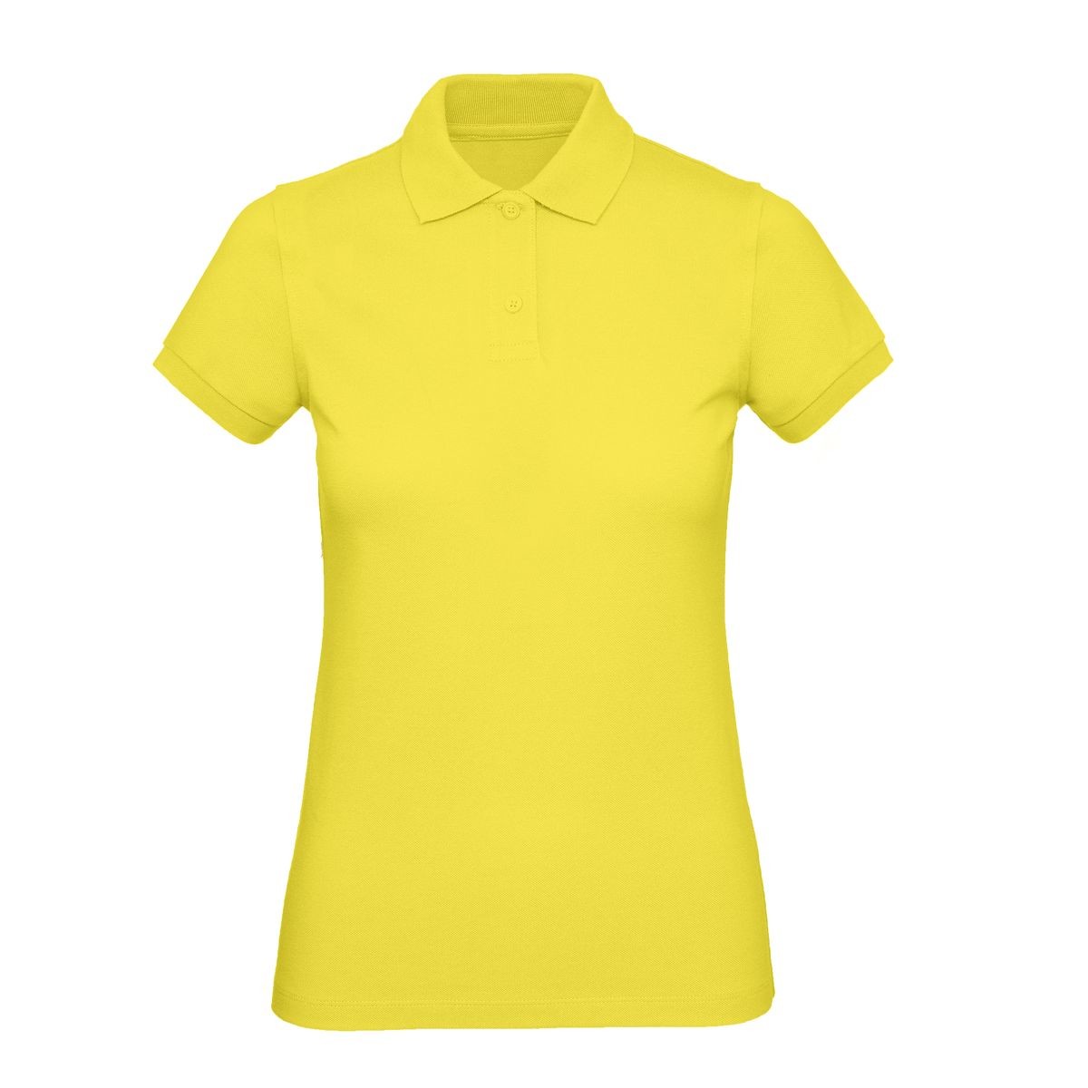 Polo donna giallo solare manica corta con 2 bottoni su sfondo bianco