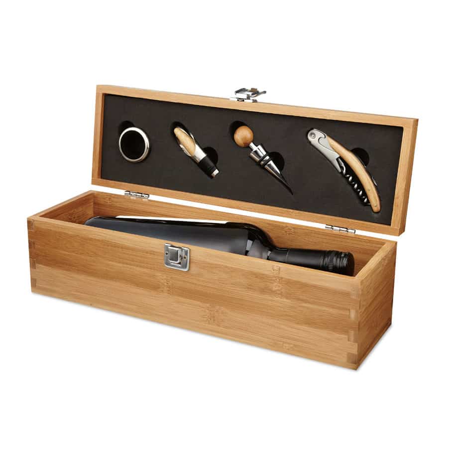 Set vino con accessori in scatola di bamboo