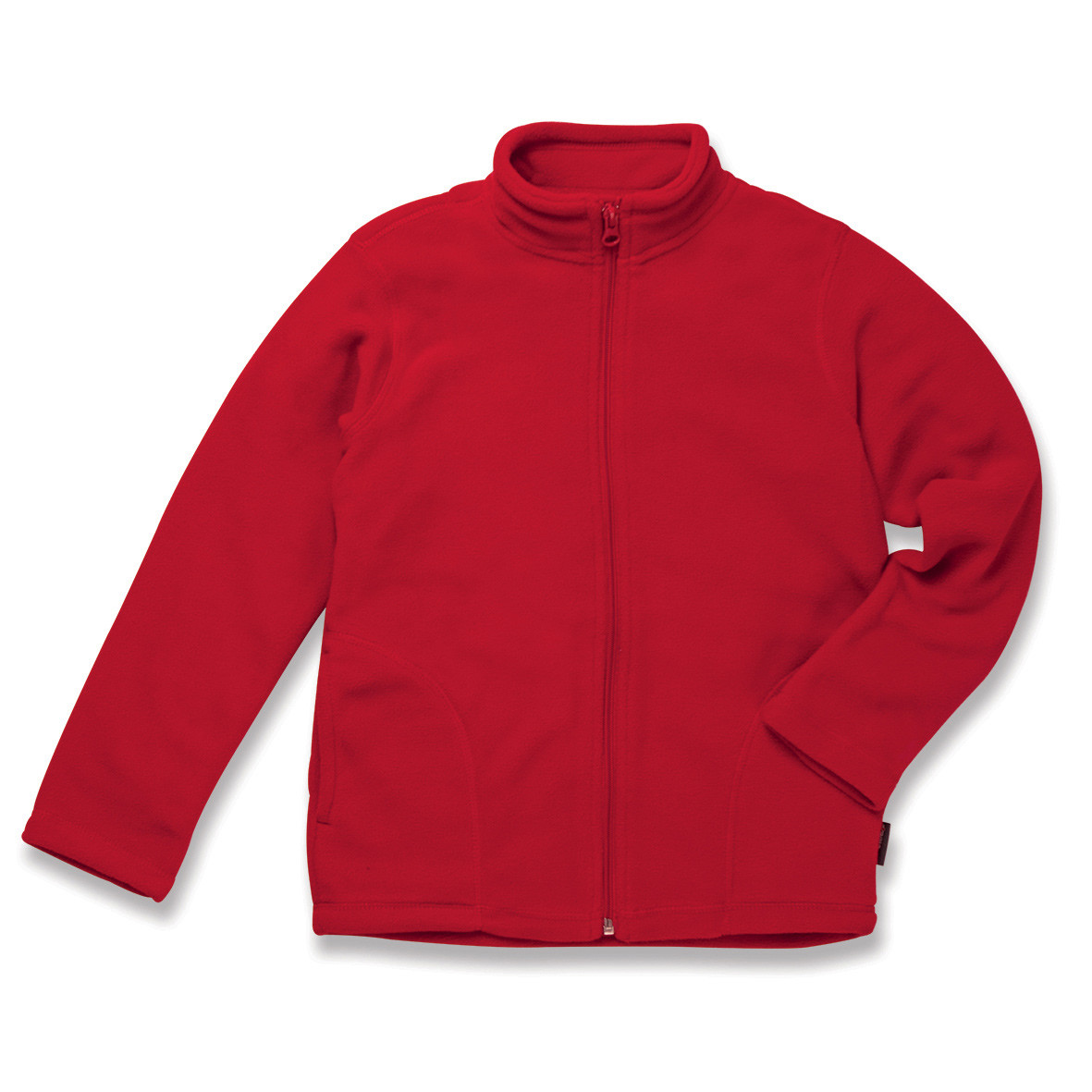 Pile da bambino rosso con collo alto zip lunga tasche su sfondo bianco