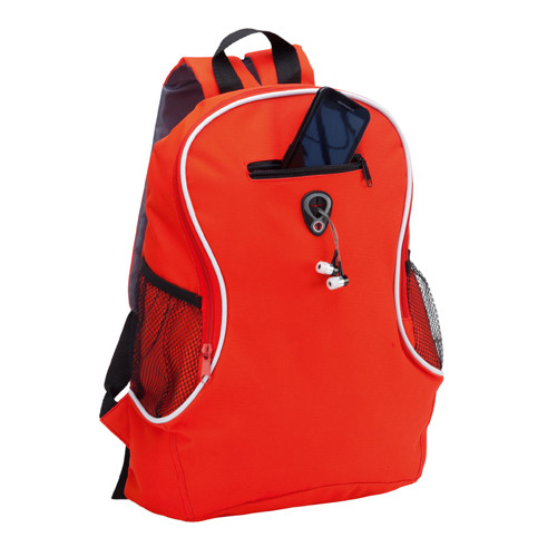 Zaino in poliestere rosso con spallacci regolabili, tasche laterali e foro per auricolari
