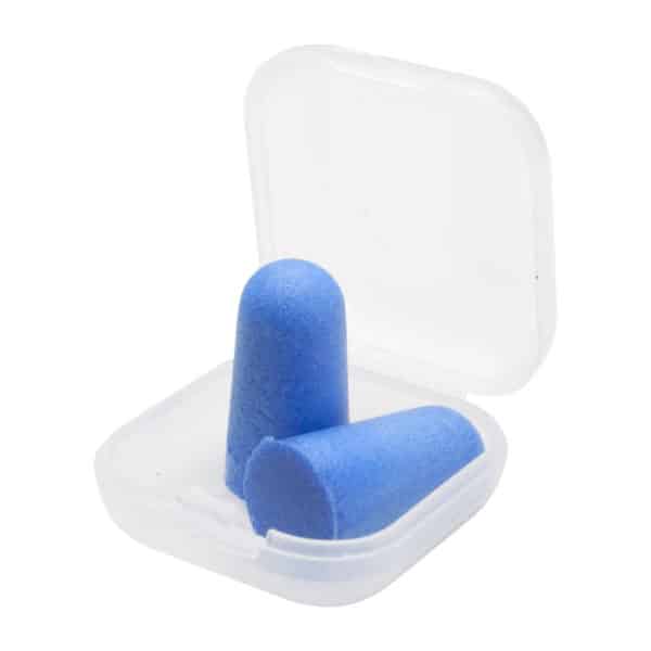 Tappi per orecchie blu in eva con custodia di plastica trasparente