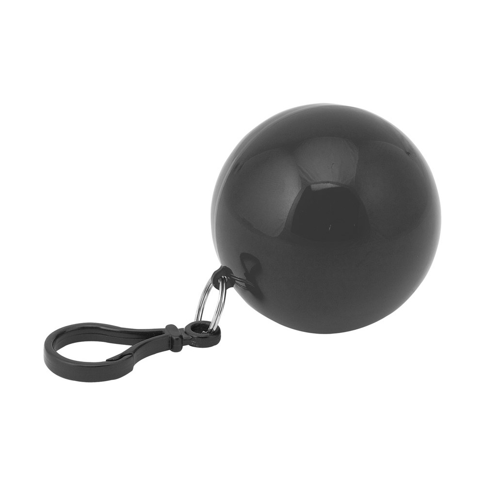 Impermeabile con portachiavi e moschettone ripiegato in pallina di plastica nera