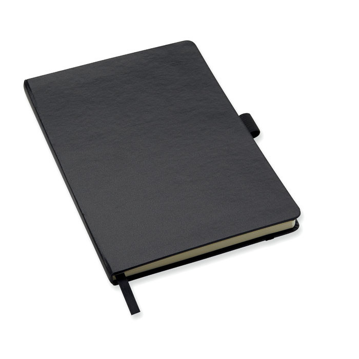 Bloc notes nero con copertina rigida e elastico con settantadue fogli a righe