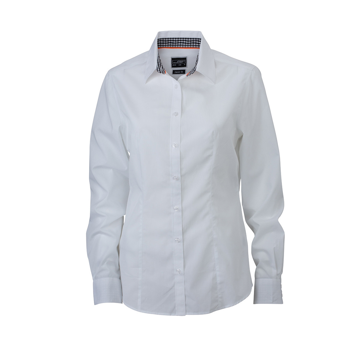 Camicia da donna bianca con bottoni bianchi, dettagli collo quadretti bianco blu