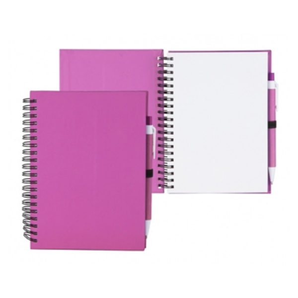 Blocnotes rosa con copertina in cartone, spirale e penna