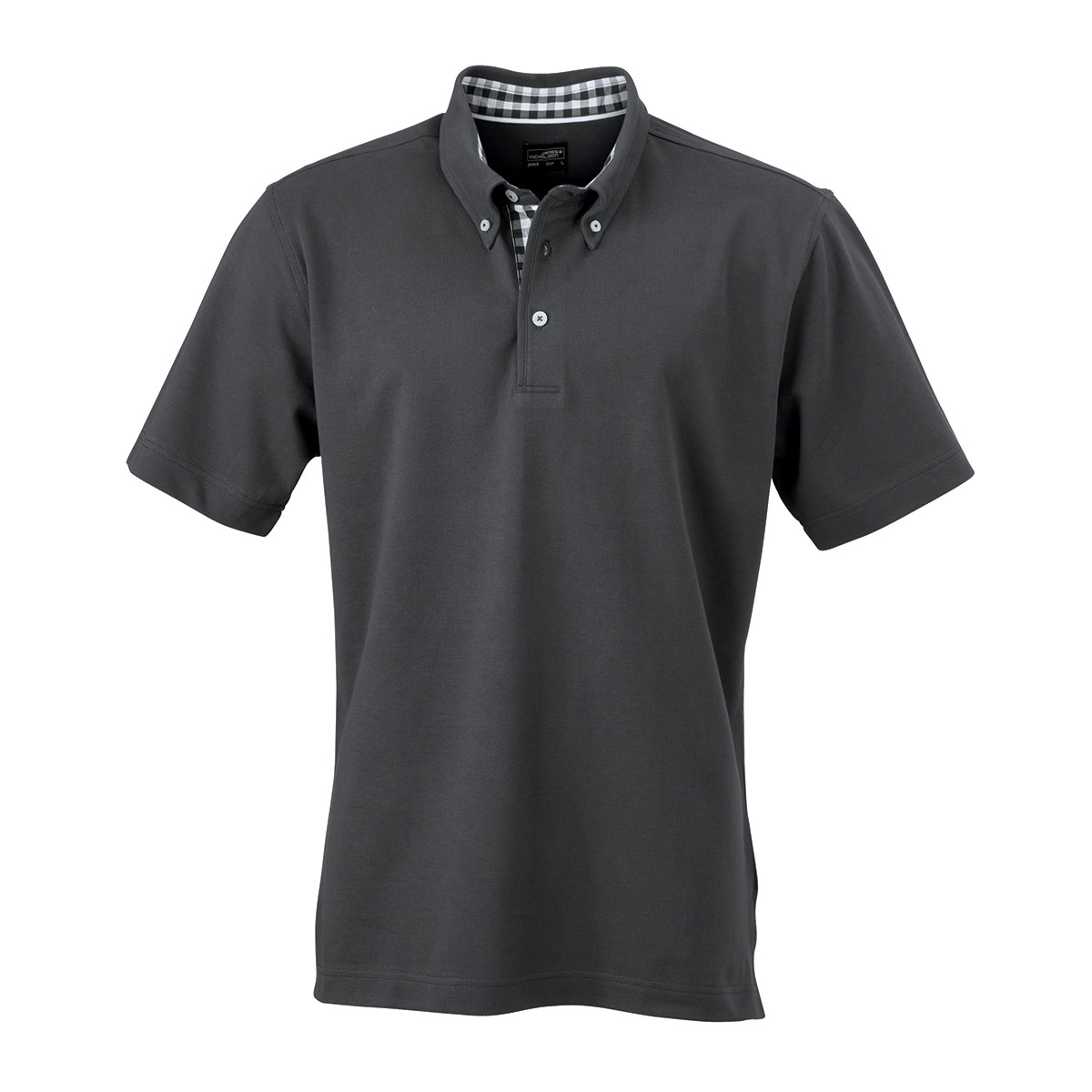 Polo nero unisex manica corta con fettuccia nel collo e spacchetti a quadretti nero bianco