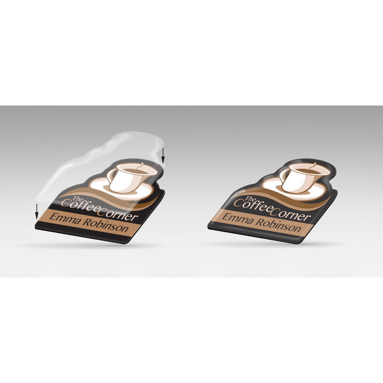 Badge sagomato con plastica a forma di caffe con logo e nome