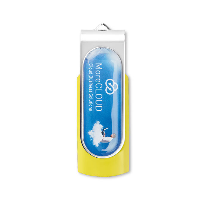 Chiavetta usb gialla con chiusura protettiva in metallo con logo