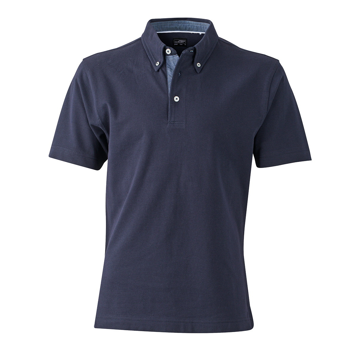 Polo blu navy unisex manica corta con fettuccia nel collo e spacchetti contrasto denim