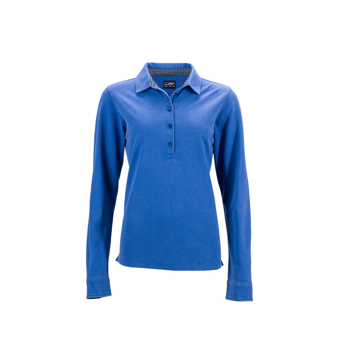 Polo donna blu royal manica lunga inserti a contrasto nel colletto e 5 bottoni