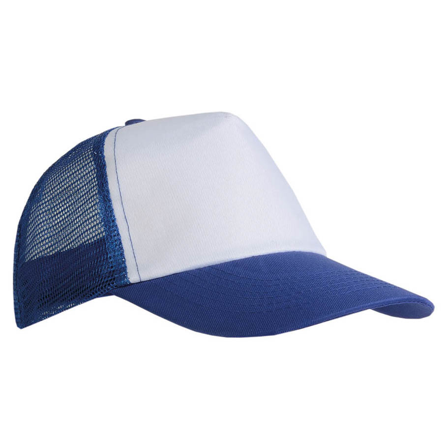 Cappellini in poliestere con pannello frontale bianco e con retro in rete e visiera blu
