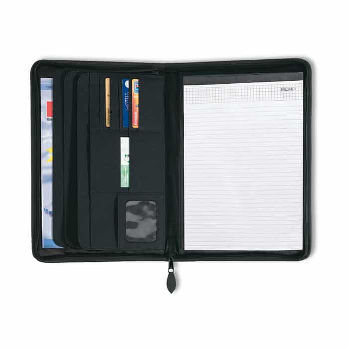 Portablocco in poliestere con quattro scomparti e porta biglietti da visita con venti fogli neutri