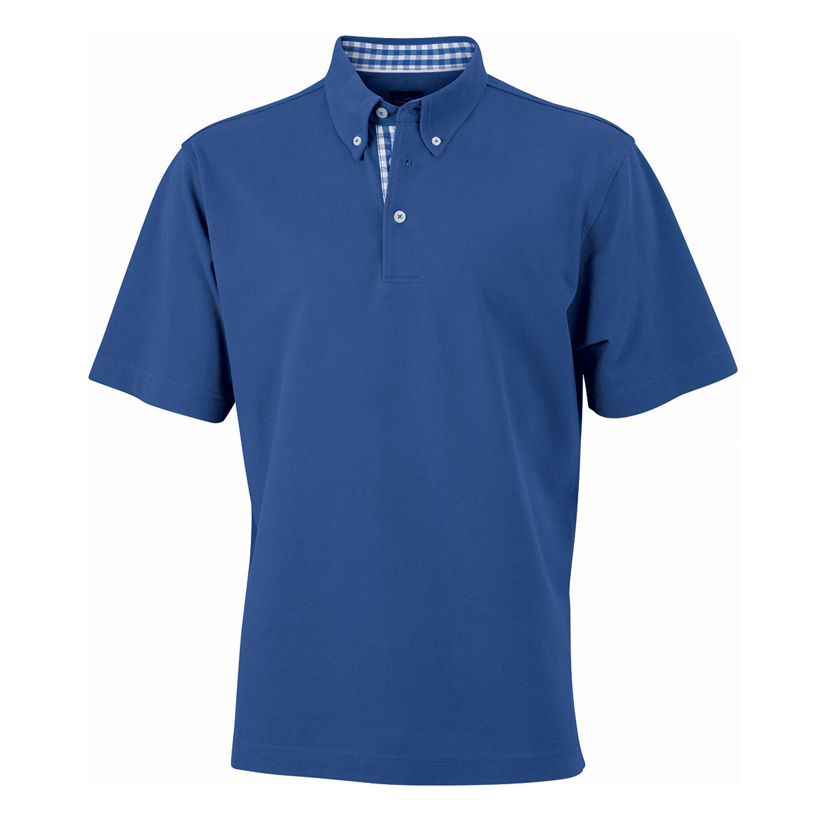 Polo blu royal unisex manica corta con fettuccia nel collo e spacchetti a quadretti blu bianco