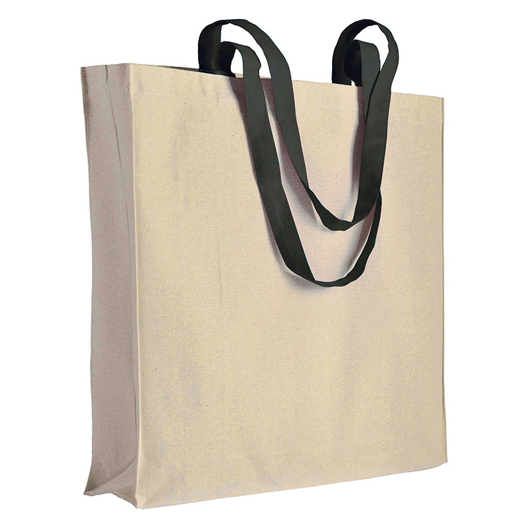 Shopper in cotone naturale con manici lunghi neri