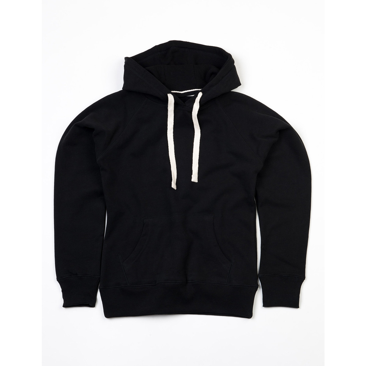 Felpa nera con tascone, cappuccio e lacci bianchi