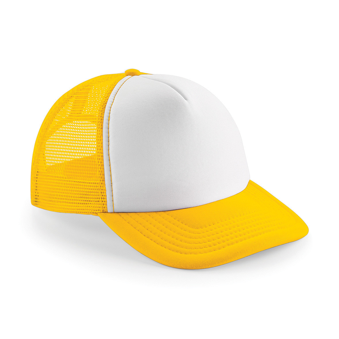Cappellino bicolore con pannello davanti bianco e pannelli rete dietro e visiera in giallo
