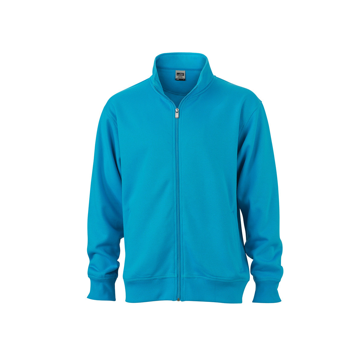 Felpa unisex turchese collo alto con girovita e polsini in costina elastica su sfondo bianco