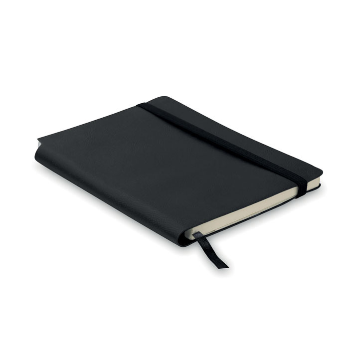 Bloc notes con copertina in similpelle nero con elastico di chiusura e ottanta fogli a righe