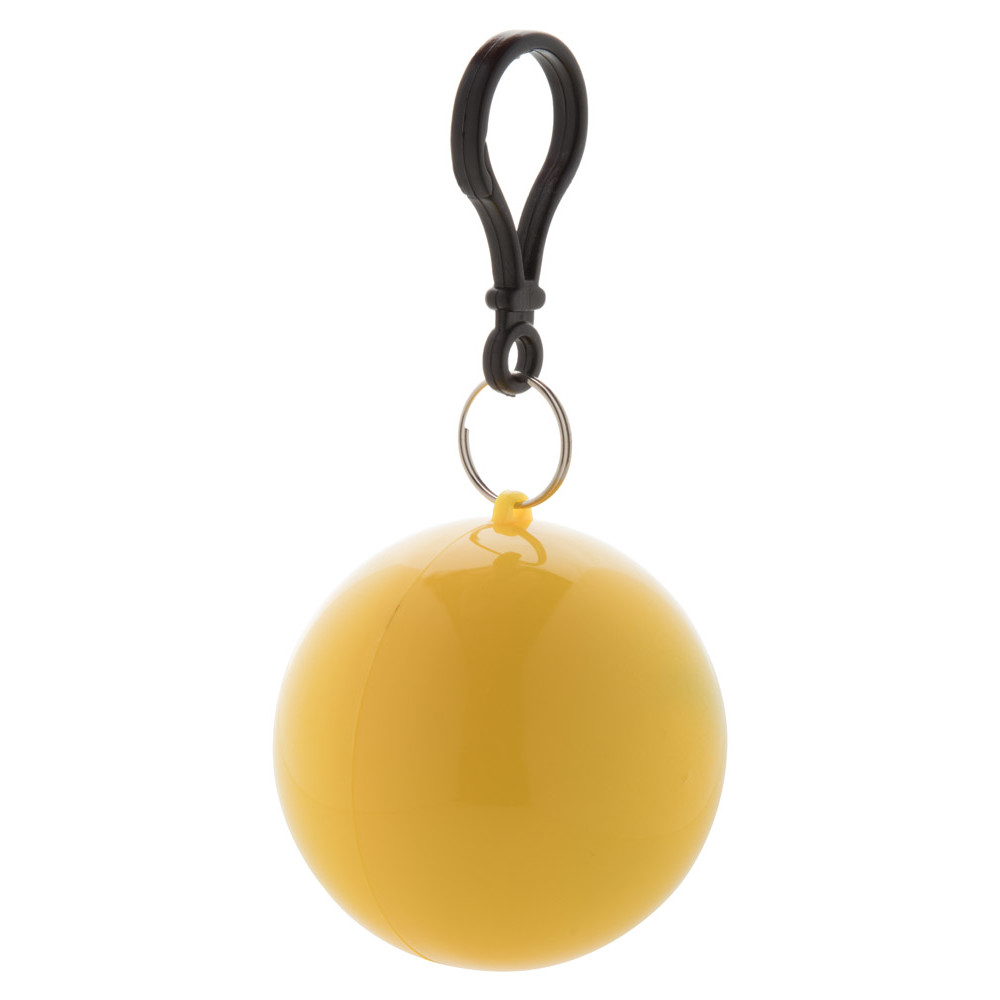 Impermeabile giallo con portachiavi e moschettone ripiegato in pallina di plastica in tinta