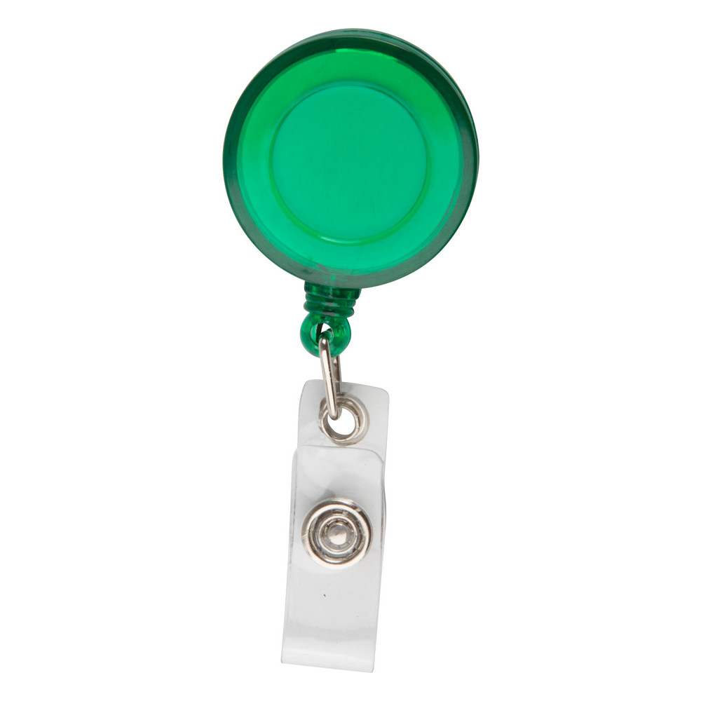 Portabadge in plastica verde con chiusura a bottone con logo