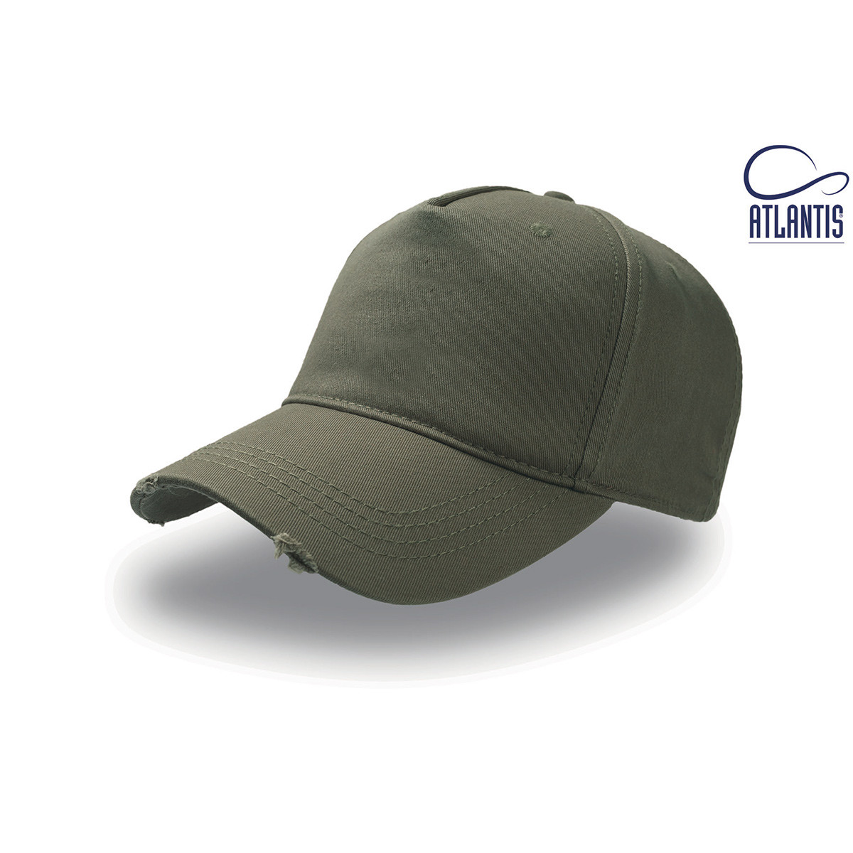 Cappellino baseball verde oliva con visiera precurvata effetto rovinato su sfondo bianco