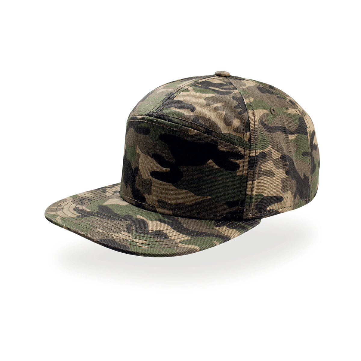 Cappellino visiera piatta camouflage khaki in cotone su sfondo bianco