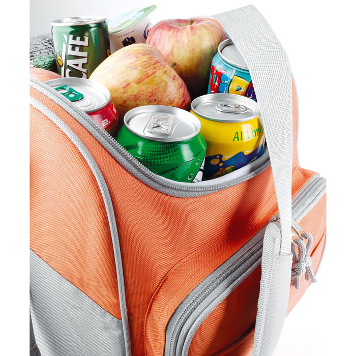 Borsa termica rossa e grigia in poliestere con tracolla e tasca frontale