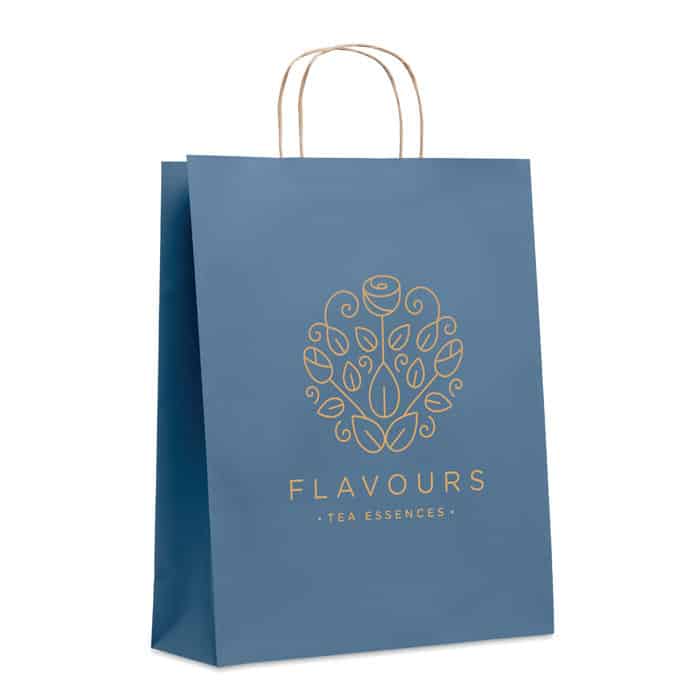 Shopper blu in carta con logo e con manici ritorti