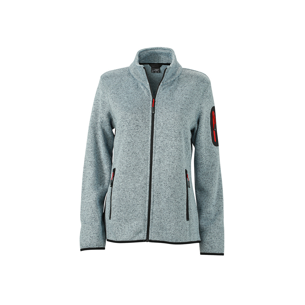 Pile da donna con zip melange grigio chiaro rosso, tasca su manica e tasche laterali contrasto