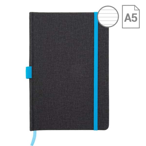 Bloc notes con copertina in similpelle nera con elastico, portapenne e segnalibro azzurro