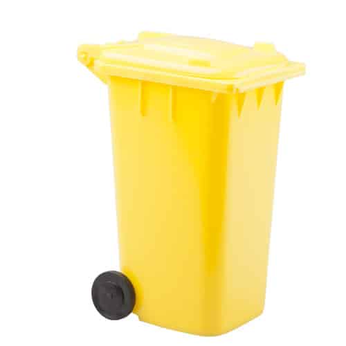 Portapenne giallo in plastica a forma di pattumiera