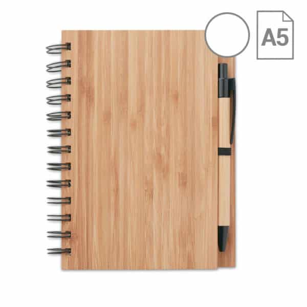 Bloc notes con cover in bamboo, settanta pagine in carta riciclata e penna in bamboo